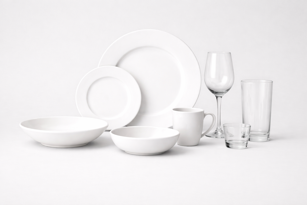 Ensemble de vaisselle en porcelaine et verrerie 3 1/2 et 4 1/2